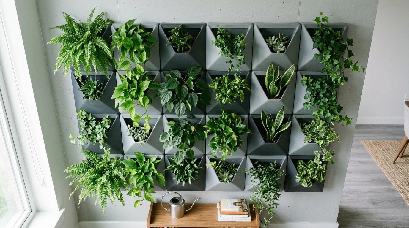 An indoor plant wall arranged in framed sections with curated foliage and a gallery-inspired botanical look, no people