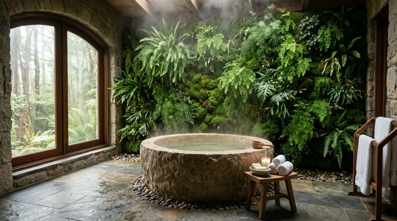 A lush plant wall acting as a room divider with layered green leaves and a soft open-plan zoning effect, no people