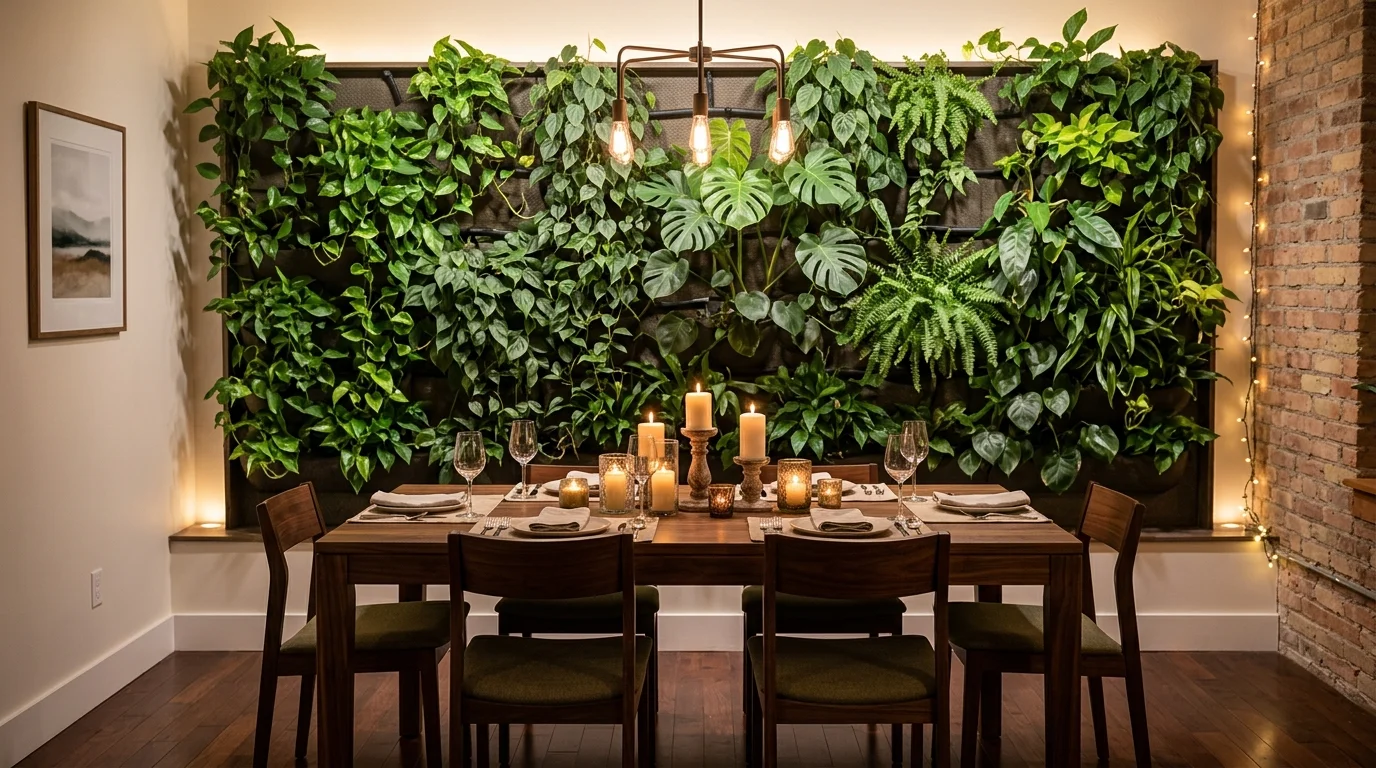A refined indoor plant wall with matching monochrome pots and varied green foliage, no people