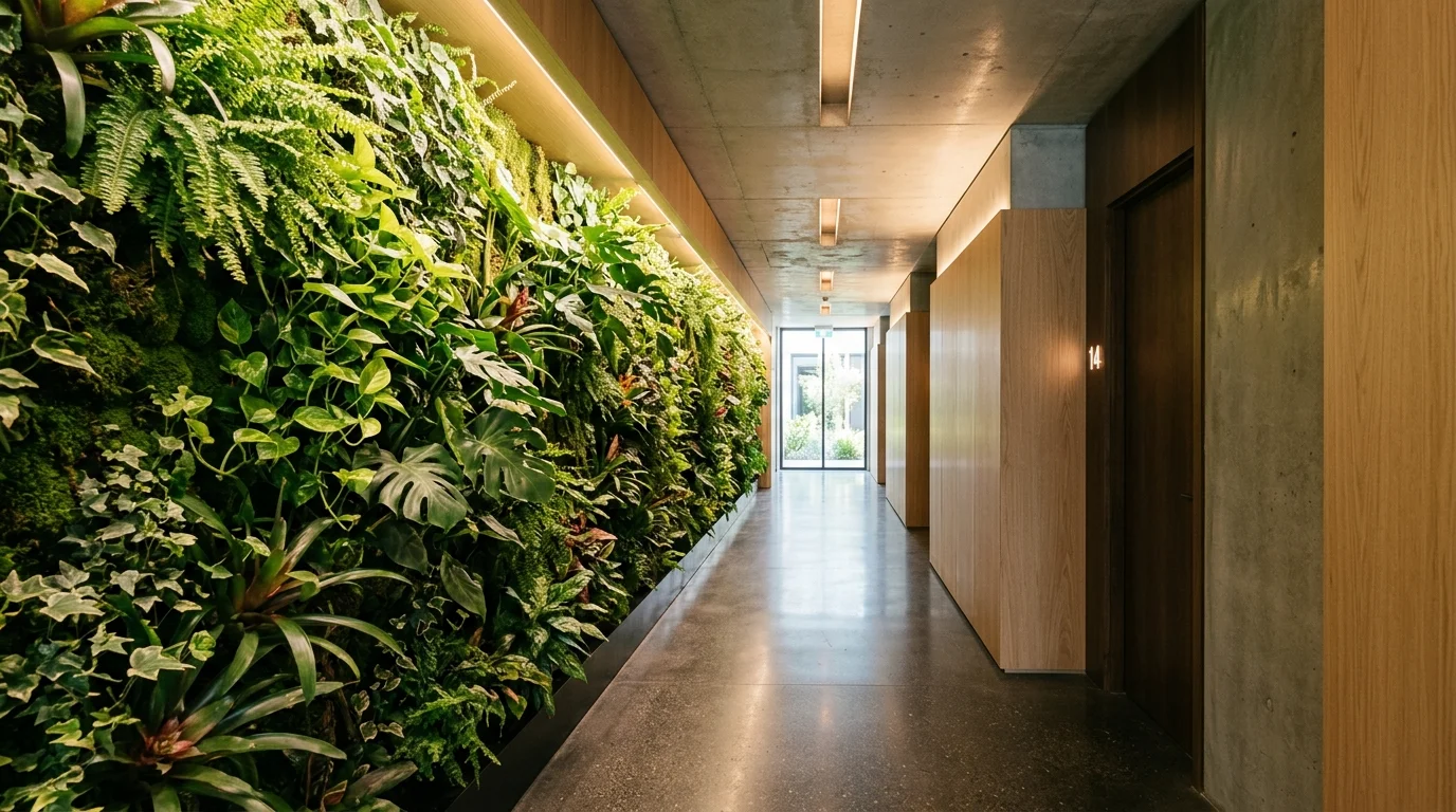 A boho-style indoor plant wall with layered trailing plants, woven holders, and rich textural greenery, no people