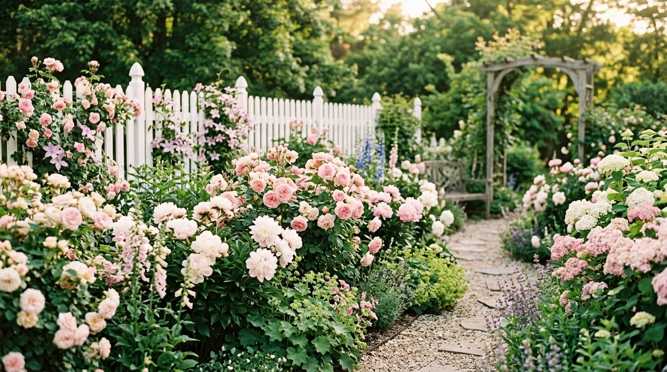 A pretty yard flower border filled with soft pink blooms and airy greenery in bright natural daylight, no people