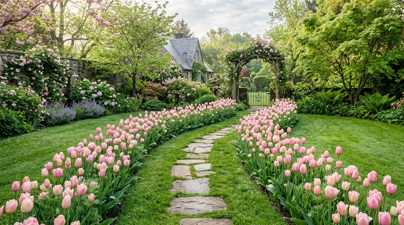 A lively garden with bright hot pink flowers adding playful contrast among softer planting in warm sunlight, no people