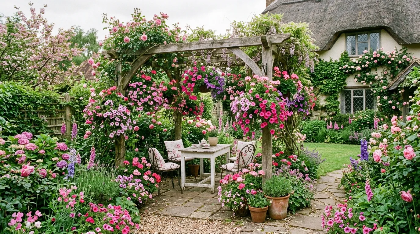 A timeless flower garden mixing pink roses and white companion blooms in bright summer light, no people