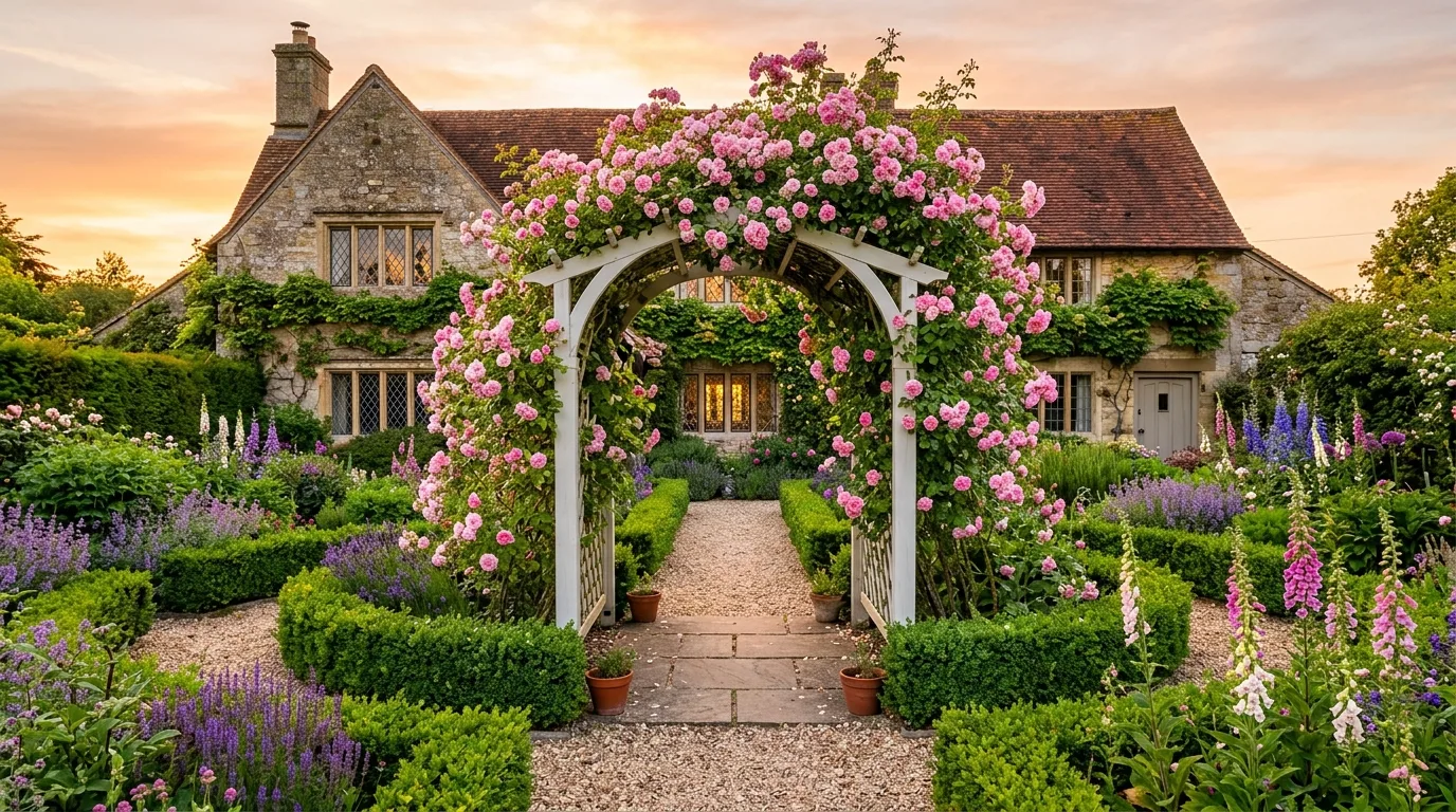 A romantic garden path bordered by pink flowers in varied shades under soft daylight, no people