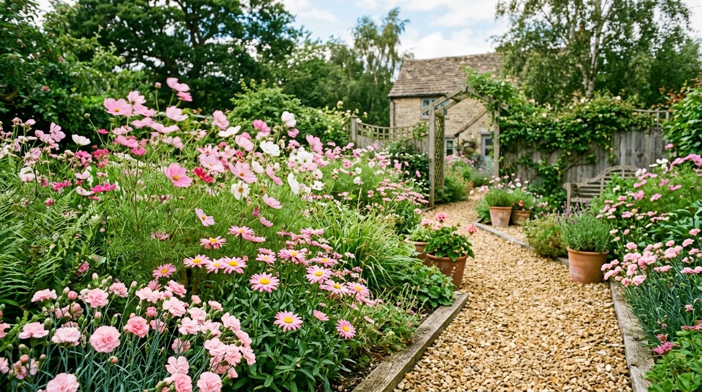 A flower garden with blush pink peonies used as focal points in lush planting under warm natural light, no people