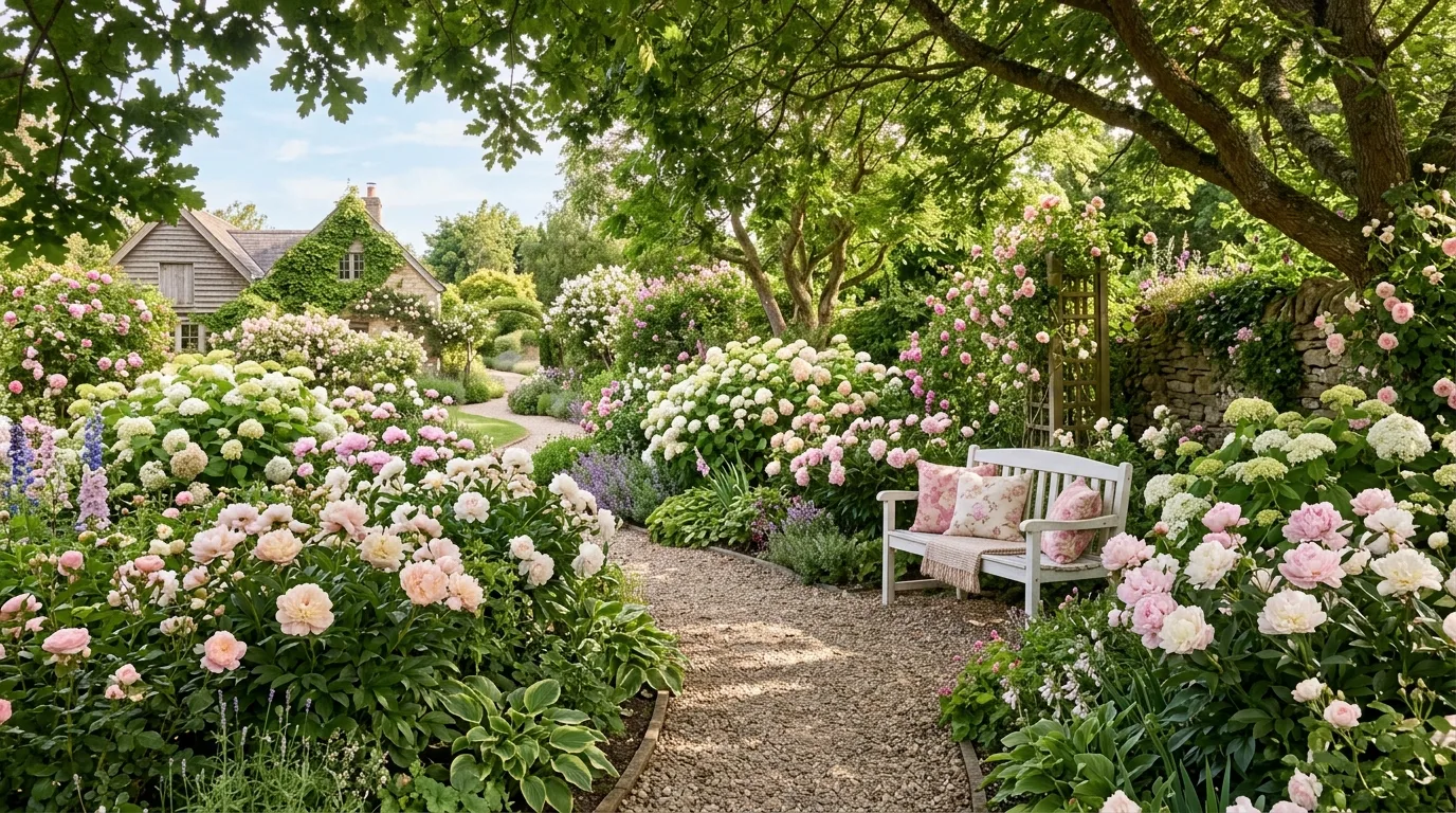 An elegant pink flower garden paired with gray green foliage and soft textures in clear daylight, no people