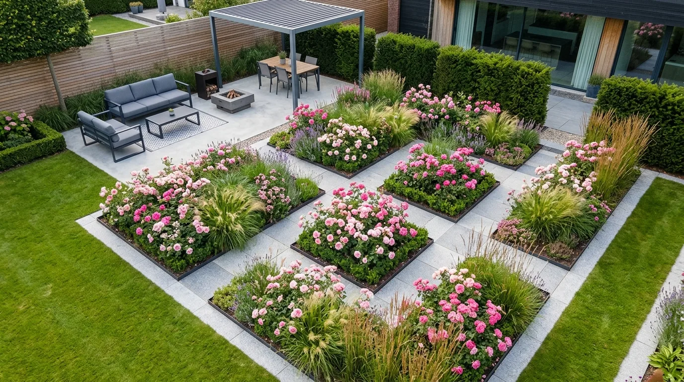 A charming cottage yard garden layered with pink flowers in multiple heights under bright daylight, no people