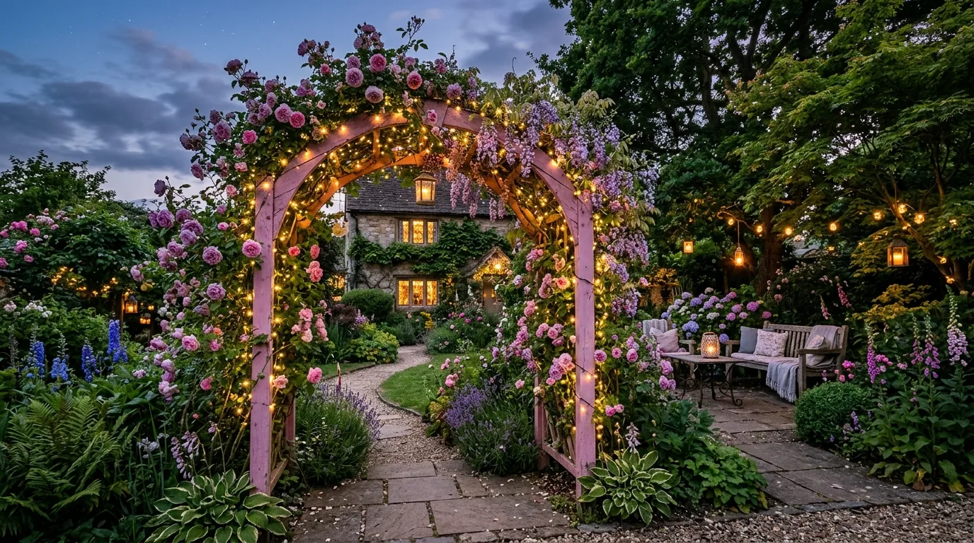 A porch and patio garden with coordinated containers of pink flowers and lush greenery in natural daylight, no people
