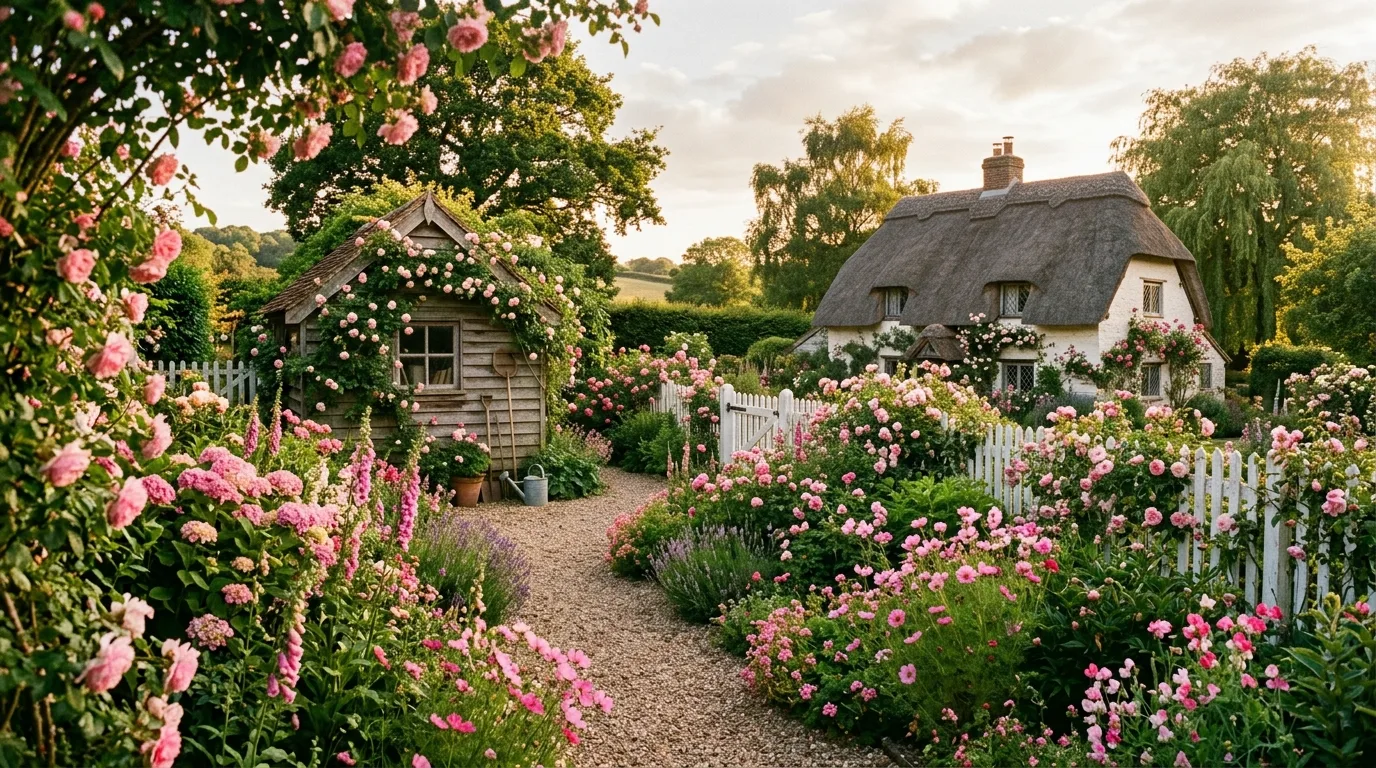 A layered flower garden combining pink and purple blooms for a rich feminine palette in sunny daylight, no people