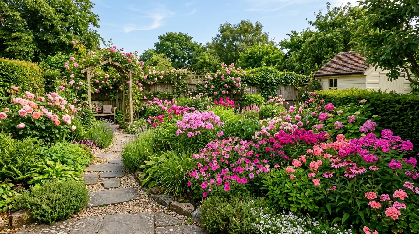 A tidy garden edge lined with low pink flowering plants beside a lawn in bright daylight, no people