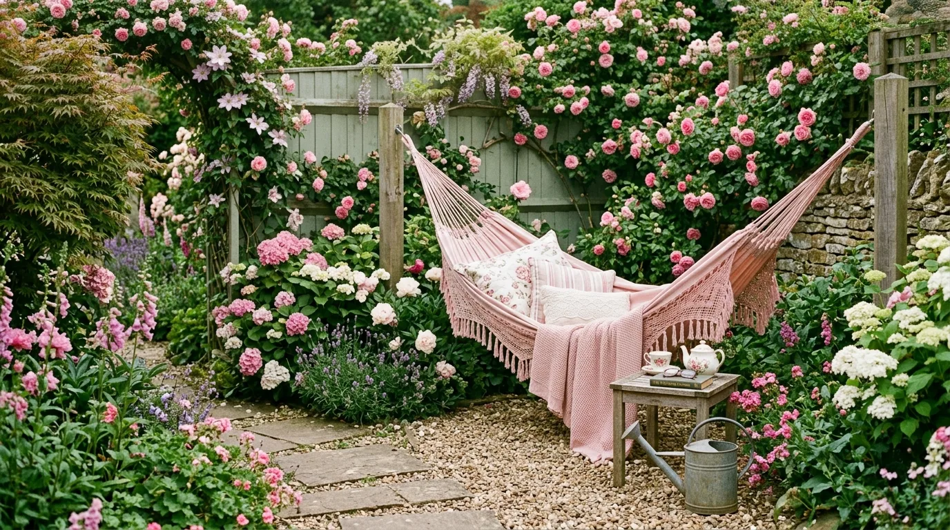A shaded garden corner planted with pale pink flowers and lush greenery glowing softly in filtered light, no people