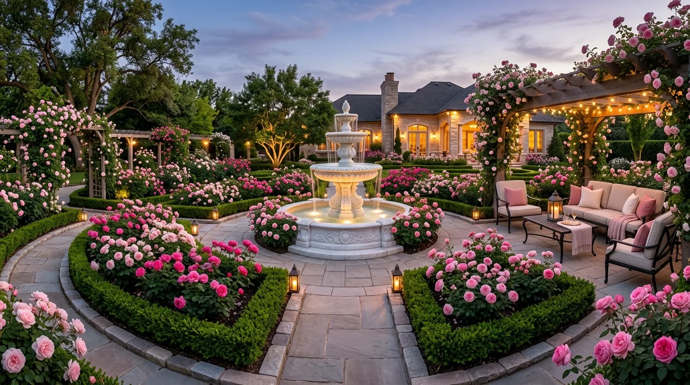 A welcoming front yard entry border planted with pink flowers and greenery in fresh daylight, no people