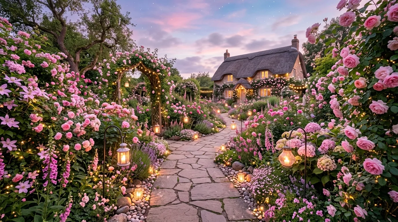 A season-long pink flower garden with varied bloom times and textures creating an evolving feminine yard display in daylight, no people