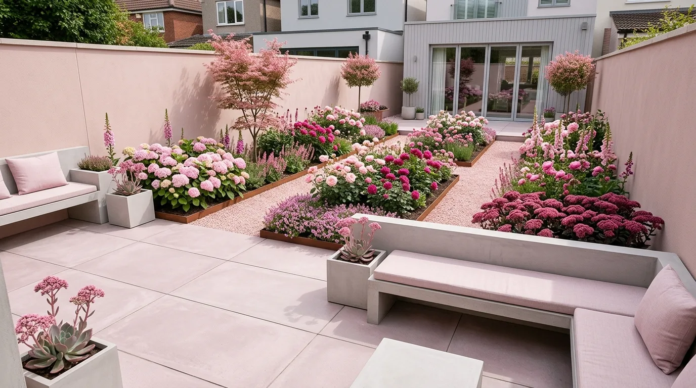 A garden bench nestled among pink flowering plants in a peaceful romantic yard under golden light, no people