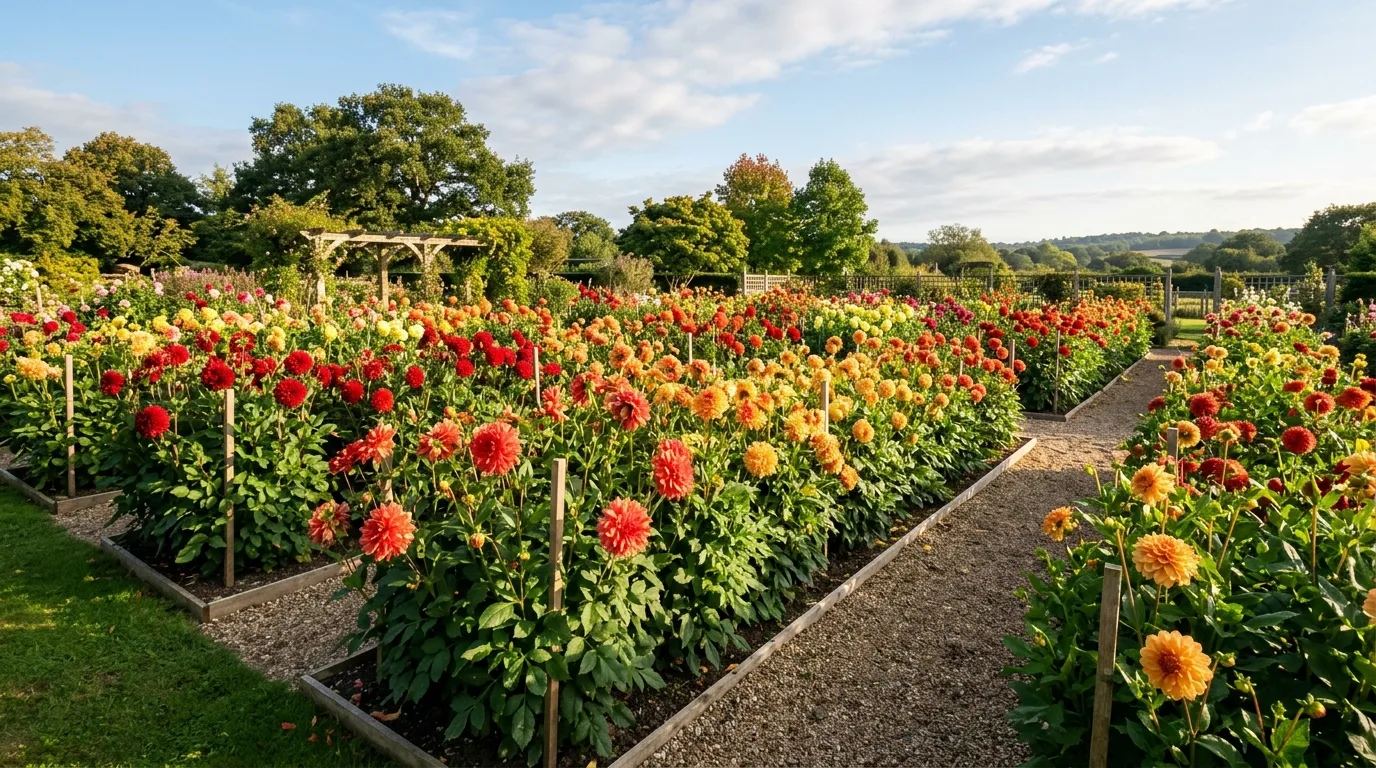 A late summer flower border filled with large dinnerplate dahlias in rich colors under warm sunlight, no people