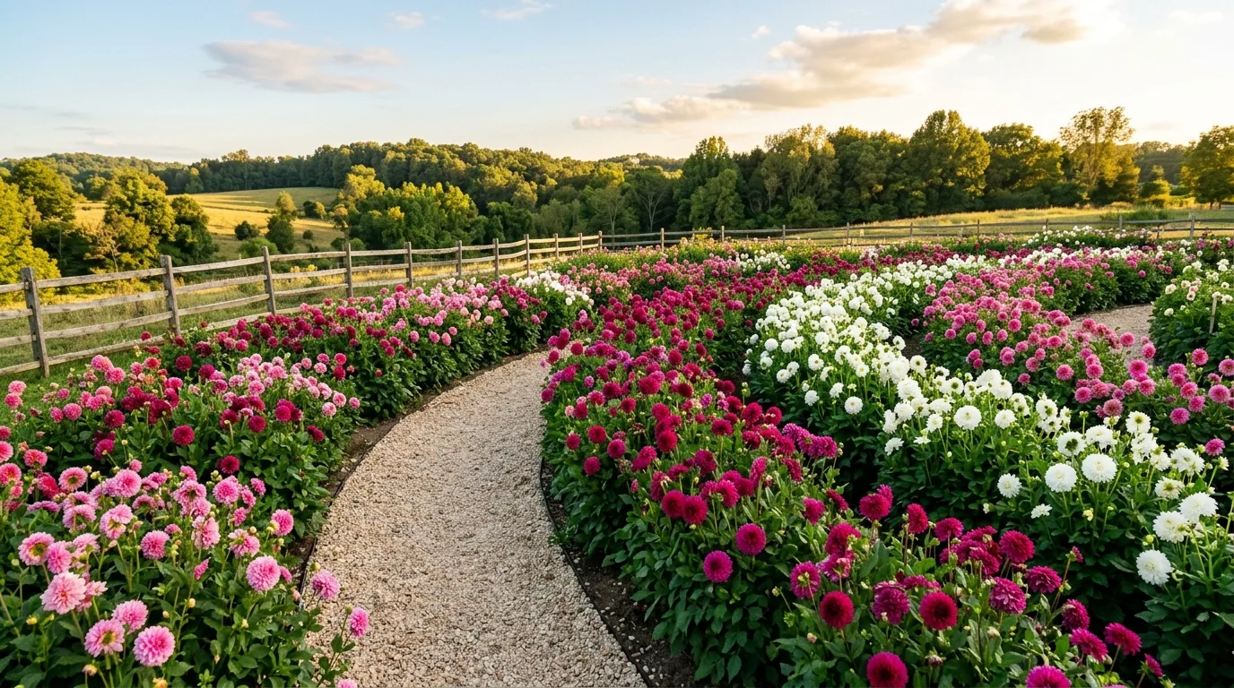A dramatic dahlia garden with dark foliage and saturated blooms in soft evening light, no people