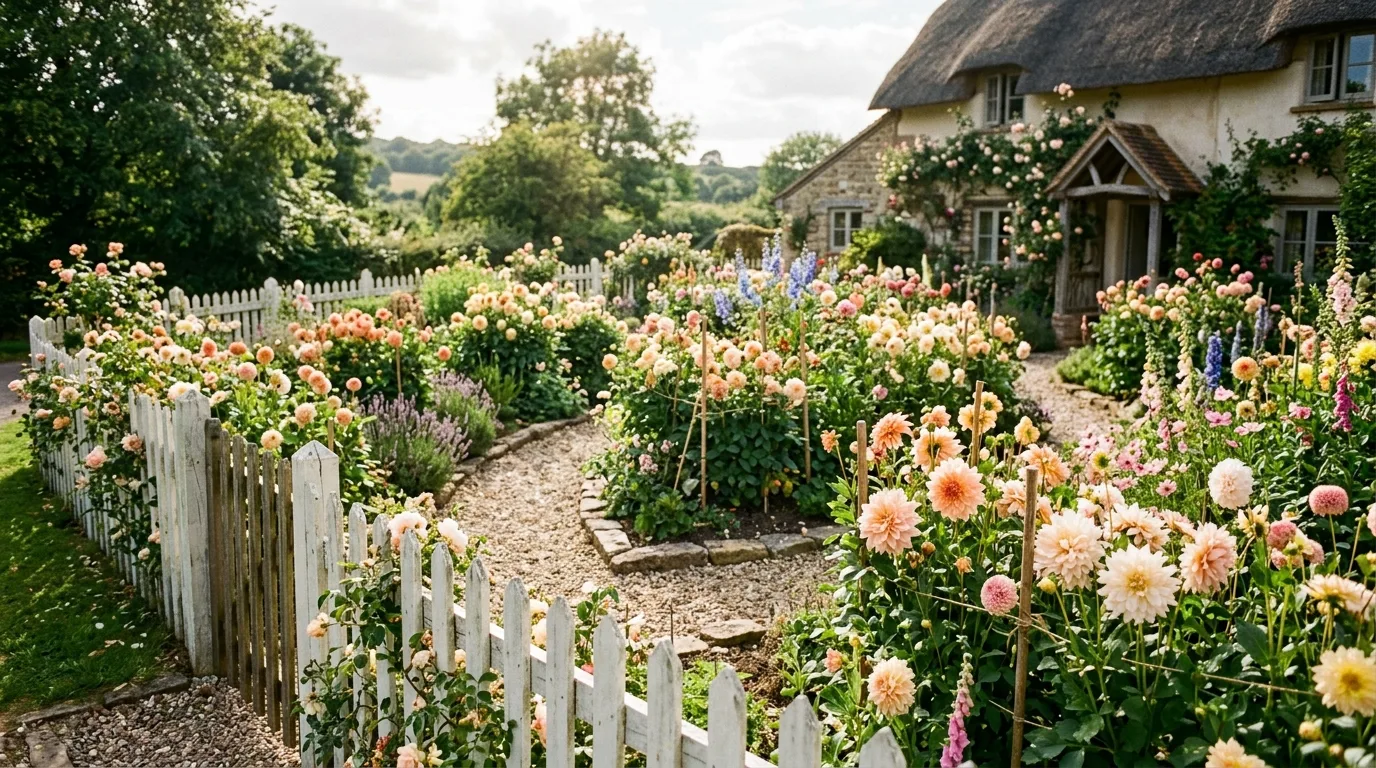 A sunny backyard garden filled with coral dahlias in repeated clusters under bright daylight, no people