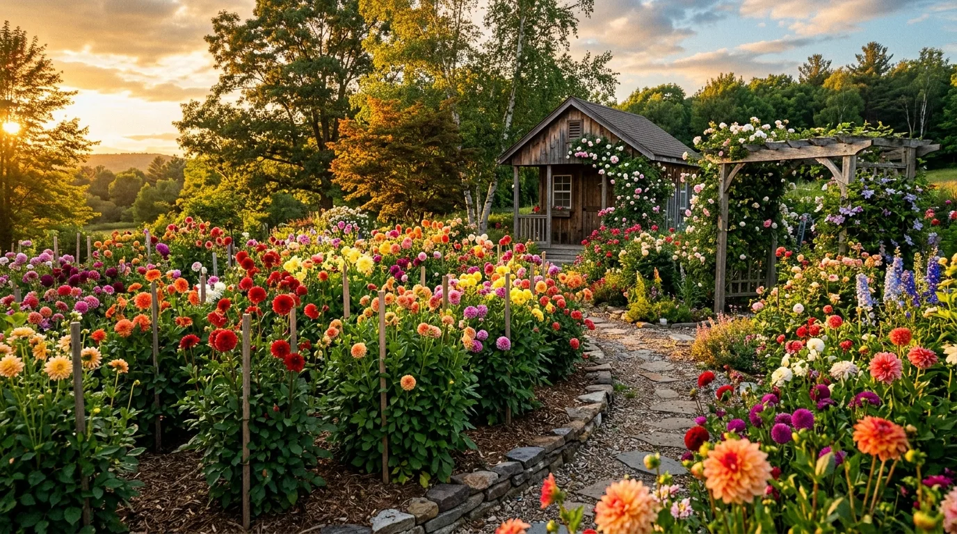 A patio garden edged with compact dahlias in bloom beside paving in natural light, no people