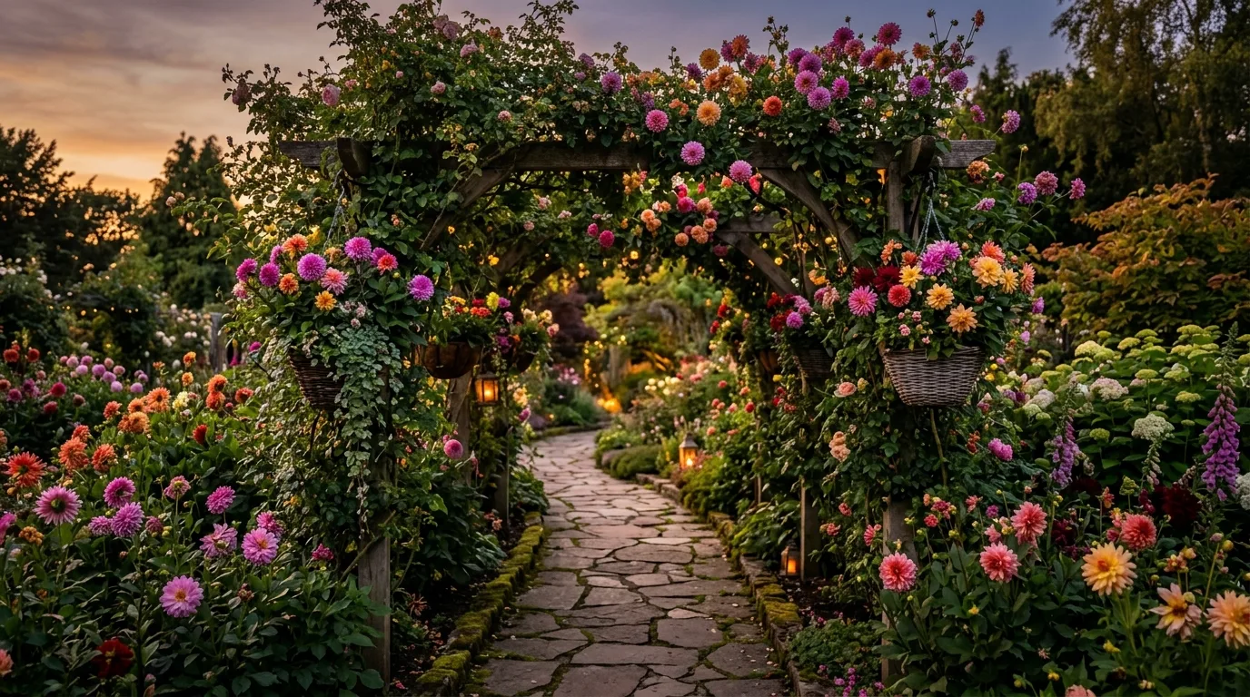 A bold border of jewel toned dahlias in ruby plum orange and magenta under warm sunlight, no people