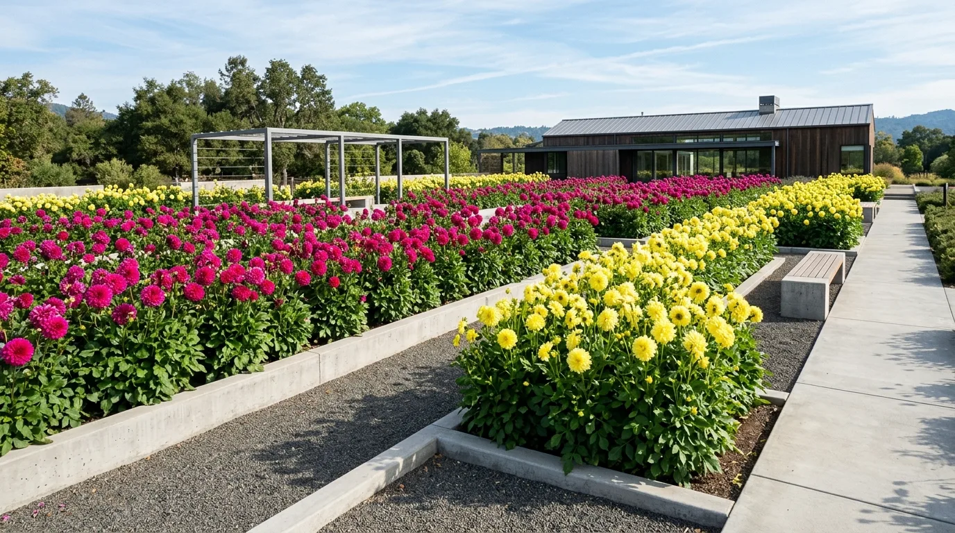 A garden path lined with blooming dahlias showing close up petal detail in daylight, no people