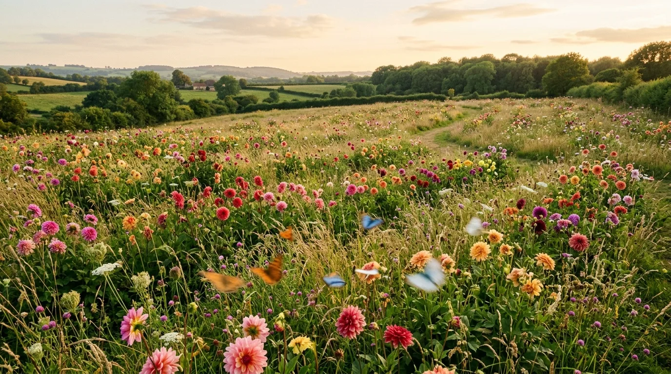 A layered dahlia bed with mixed heights and airy filler flowers in bright daylight, no people