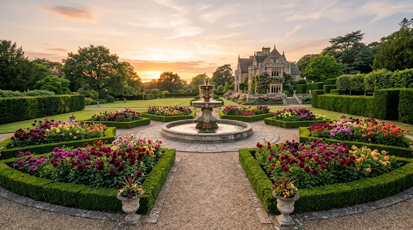 A formal garden layout centered on symmetrical dahlia planting in summer light, no people