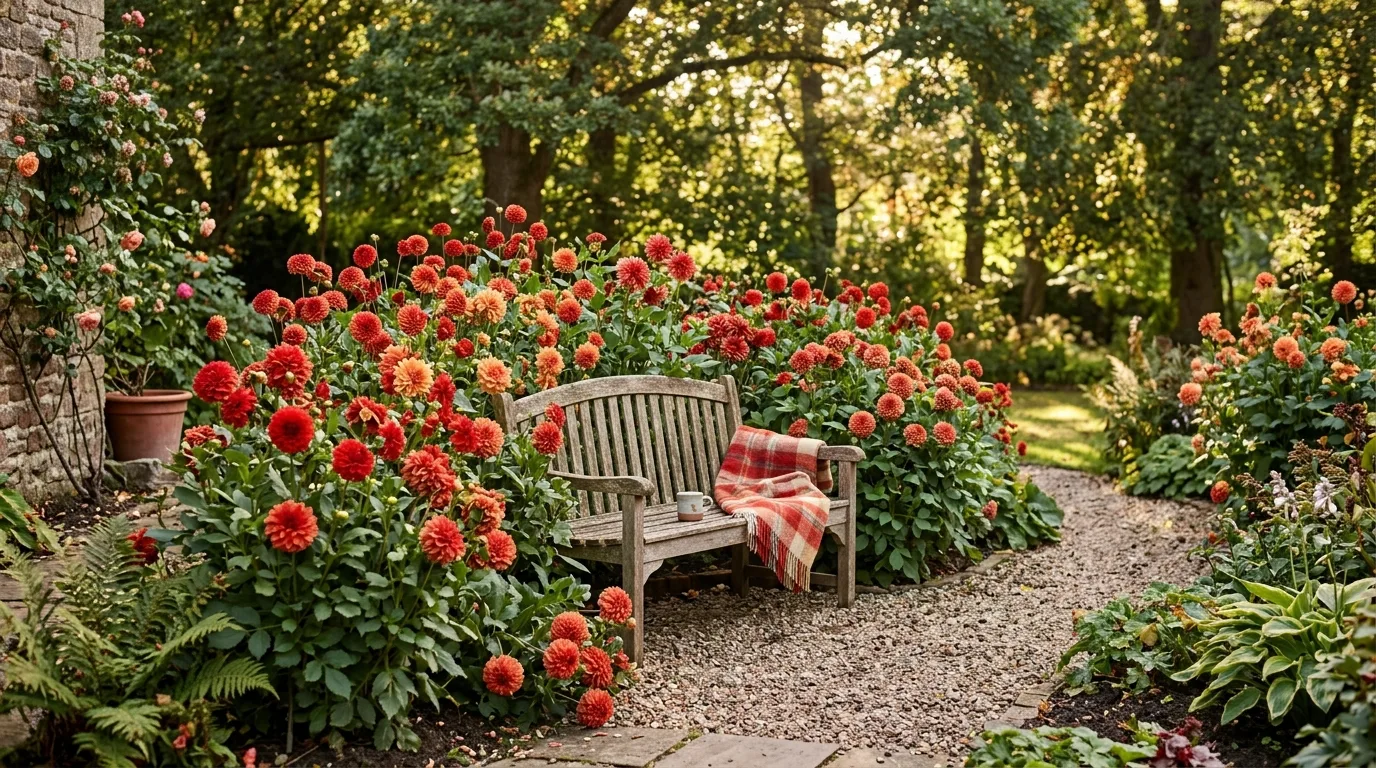 Terracotta pots filled with blooming dahlias on a patio in late summer light, no people