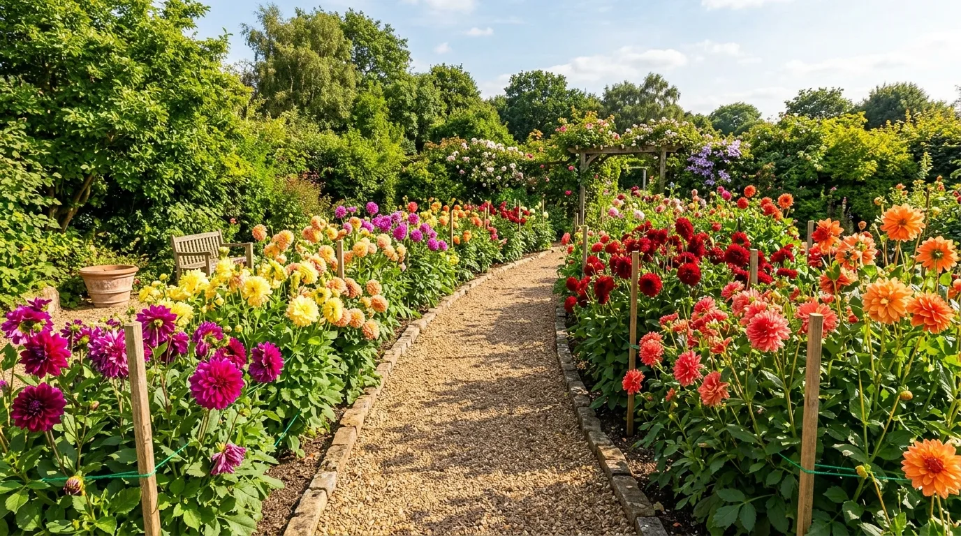 A soft flower border with peach and apricot dahlias glowing in afternoon sun, no people