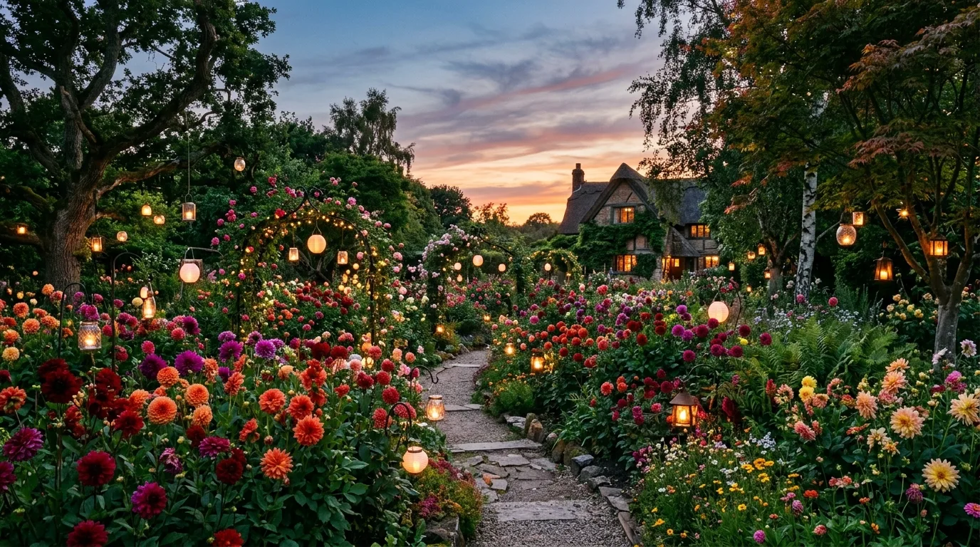 A lively late season garden with dahlias and pollinator friendly companion planting in sunshine, no people