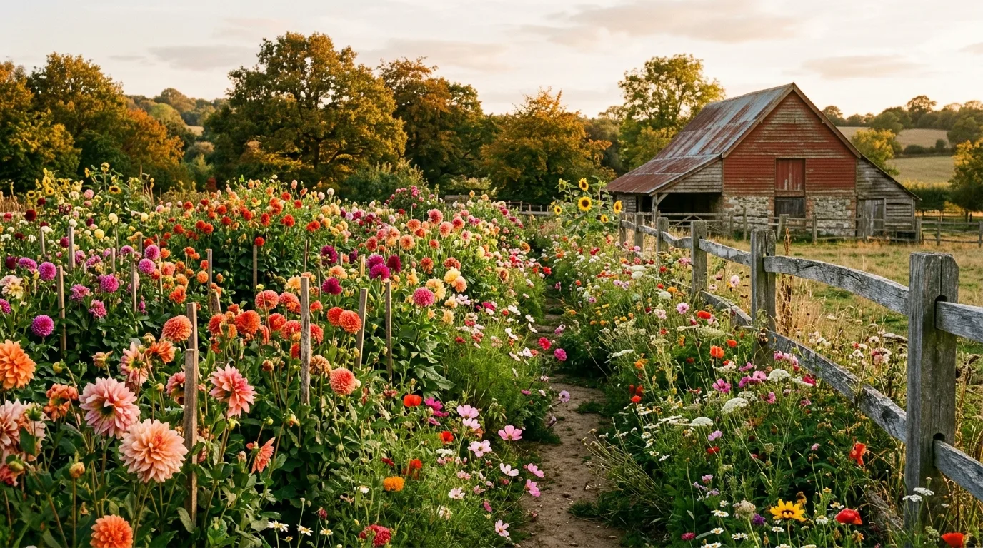 A narrow side yard transformed with repeated dahlia plantings in full bloom, no people