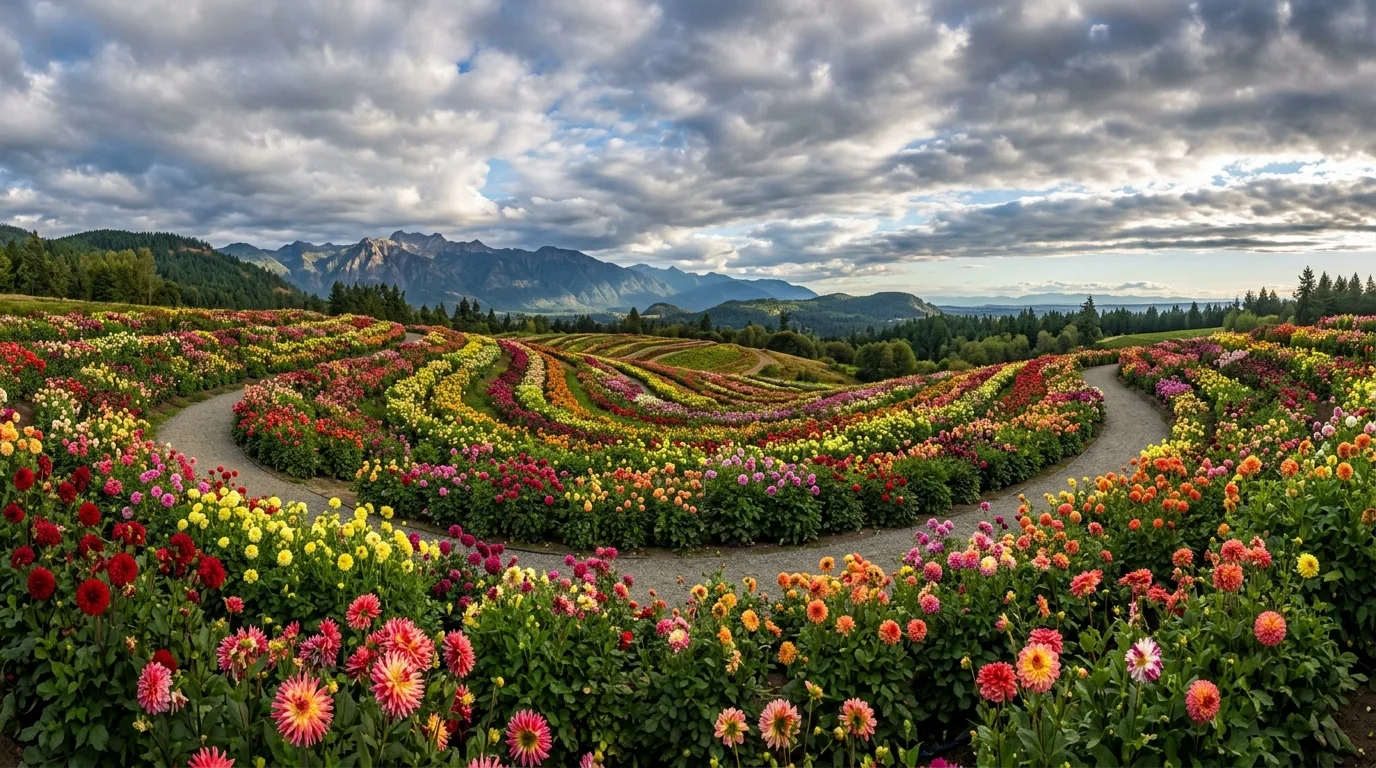 A cutting garden plot built around blooming dahlias in late summer daylight, no people