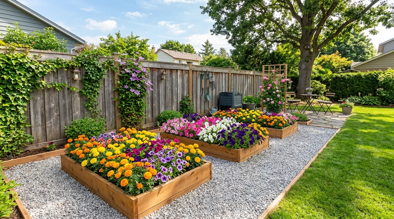 A narrow fence border planted with compact flowers in a small sunny yard, no people