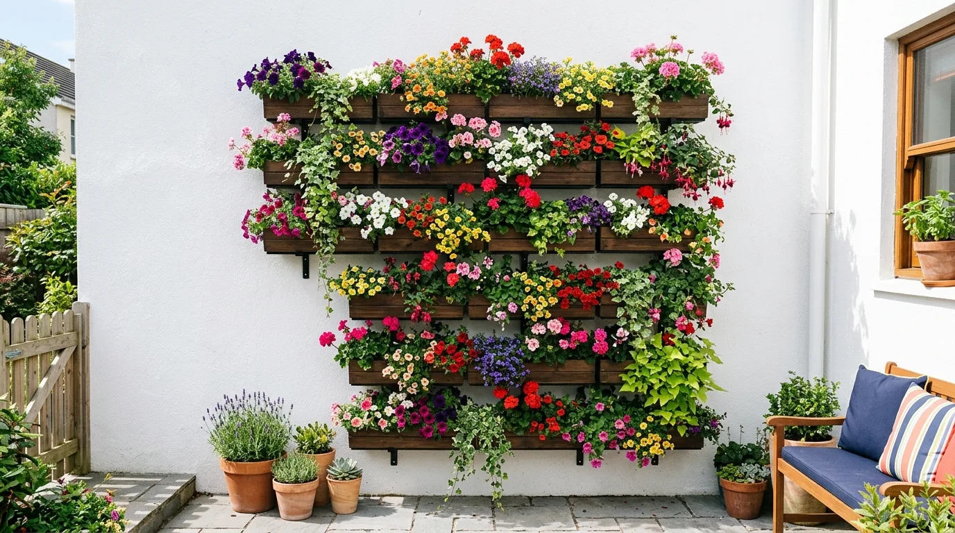 A small yard corner with a raised flower bed full of colorful blooms in daylight, no people
