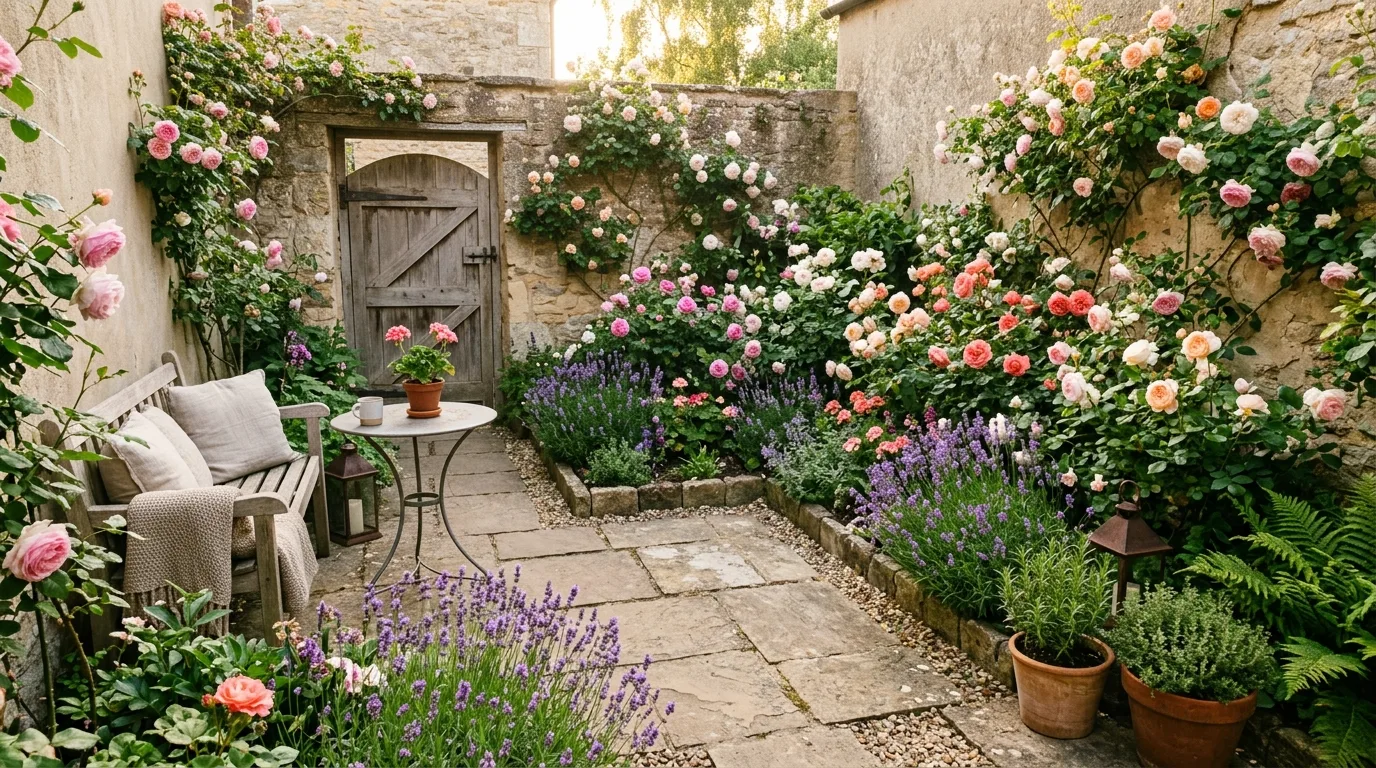 A petite garden path bordered by low flowering plants in a compact yard, no people