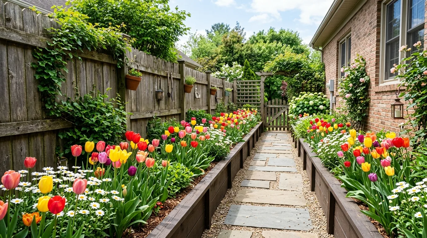 A small yard with vertical wall planters full of flowers in bright natural light, no people