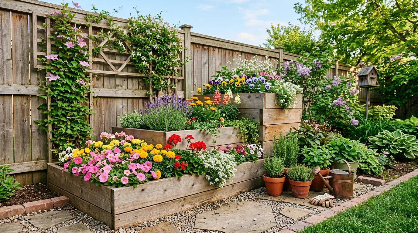 A compact patio softened by coordinated containers of blooming flowers in daylight, no people