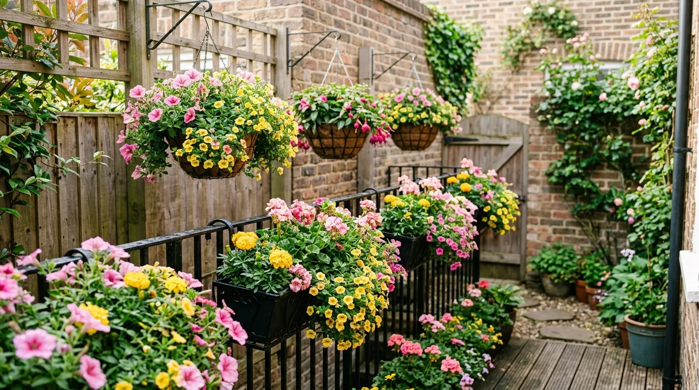 A compact flower garden with curved planting lines in a small backyard, no people
