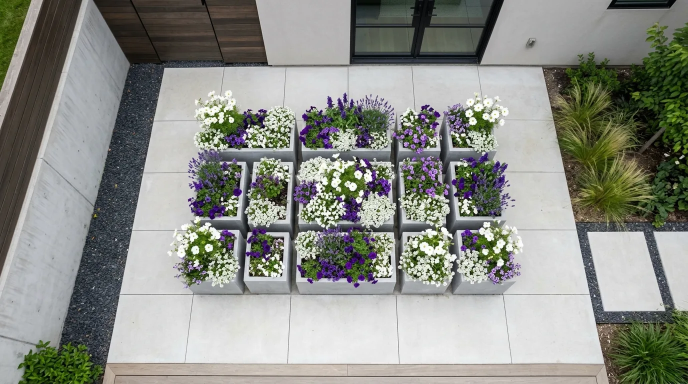 A side yard strip transformed with repeating flower colors in a compact space, no people