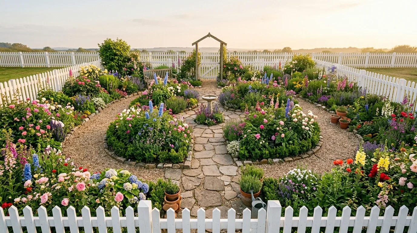 A small garden bench surrounded by cottage style flowers in a compact yard, no people