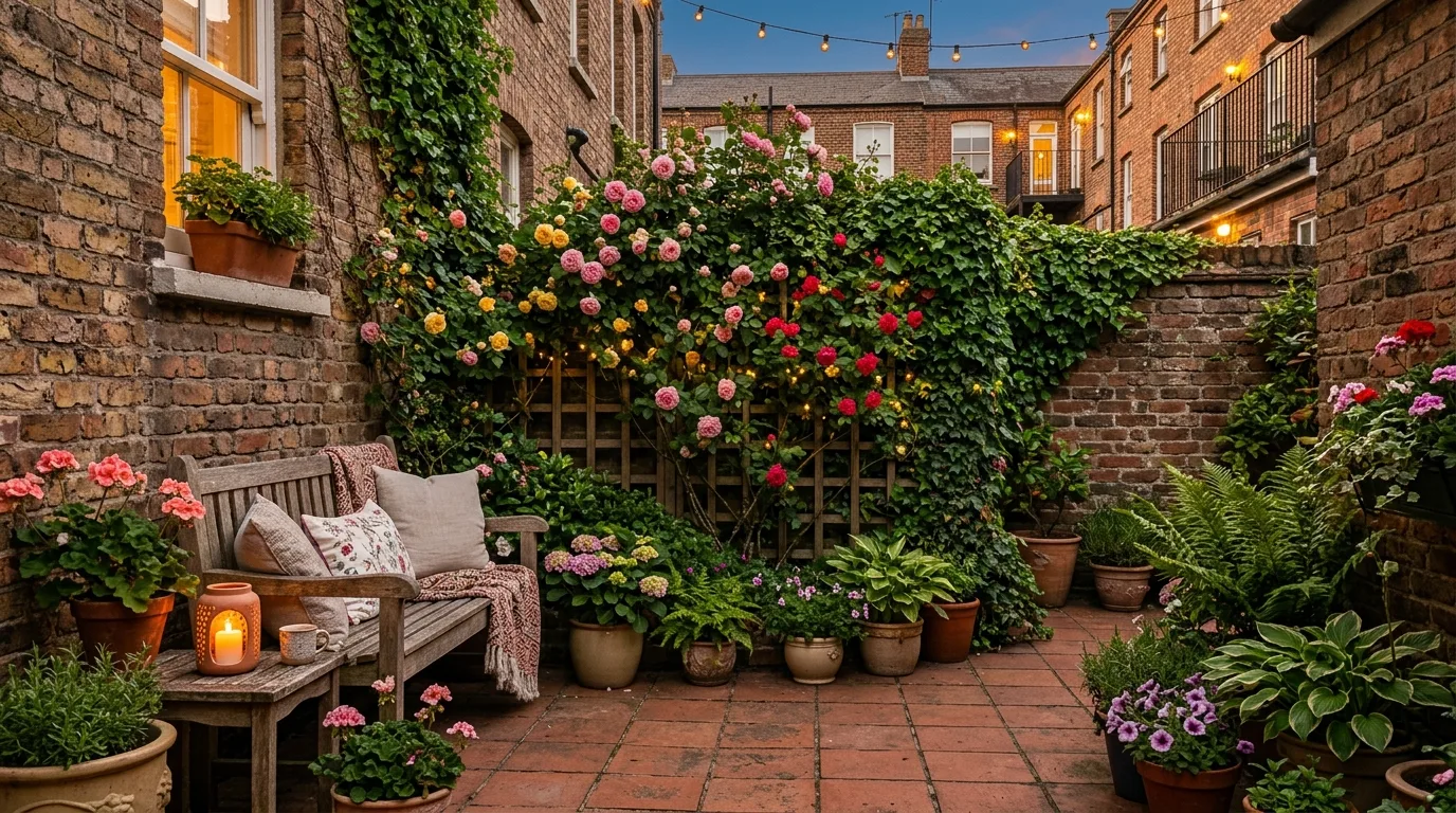 A small yard with a central lawn framed by low flower borders in sunlight, no people