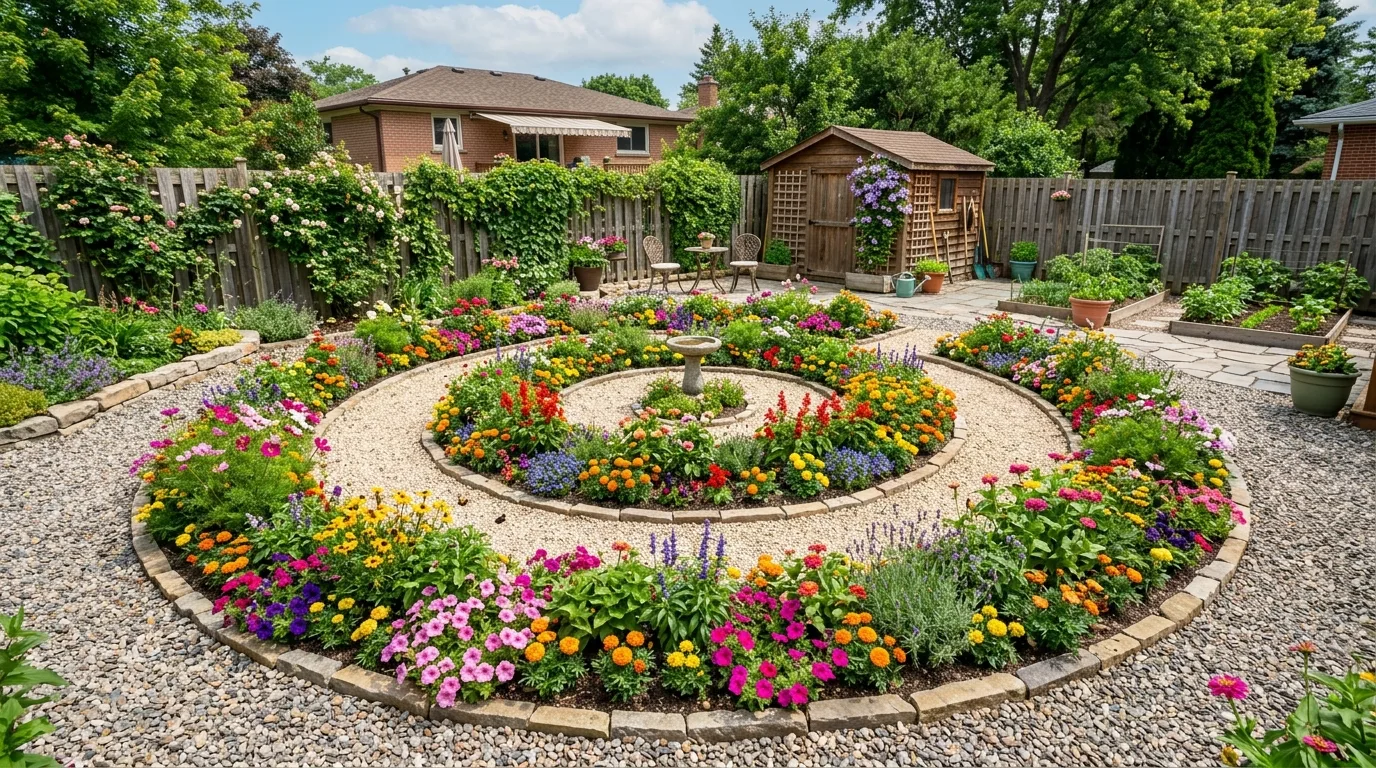 A compact flower bed placed near house windows with colorful blooms in daylight, no people