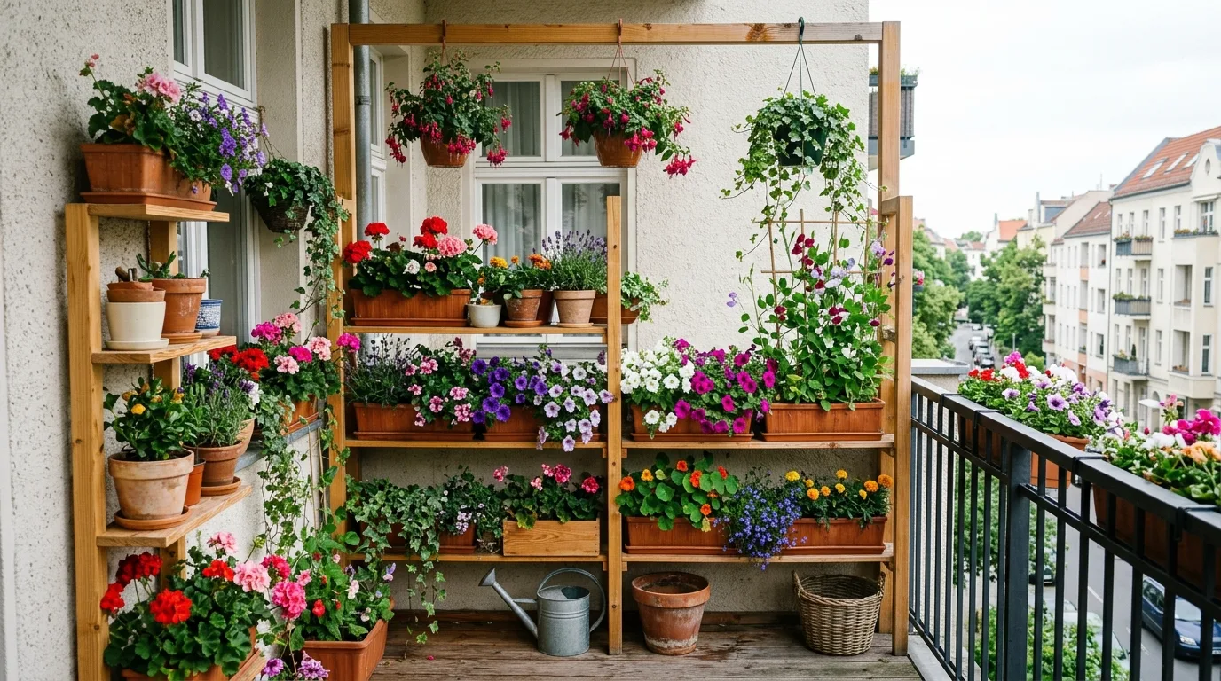 A small sloped yard with terraced flower planting in bright natural light, no people