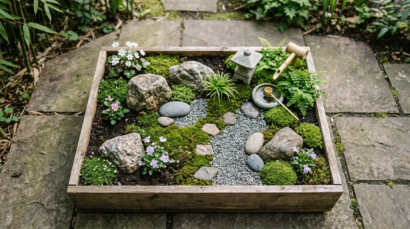 A compact monochrome flower garden in a small yard under soft daylight, no people