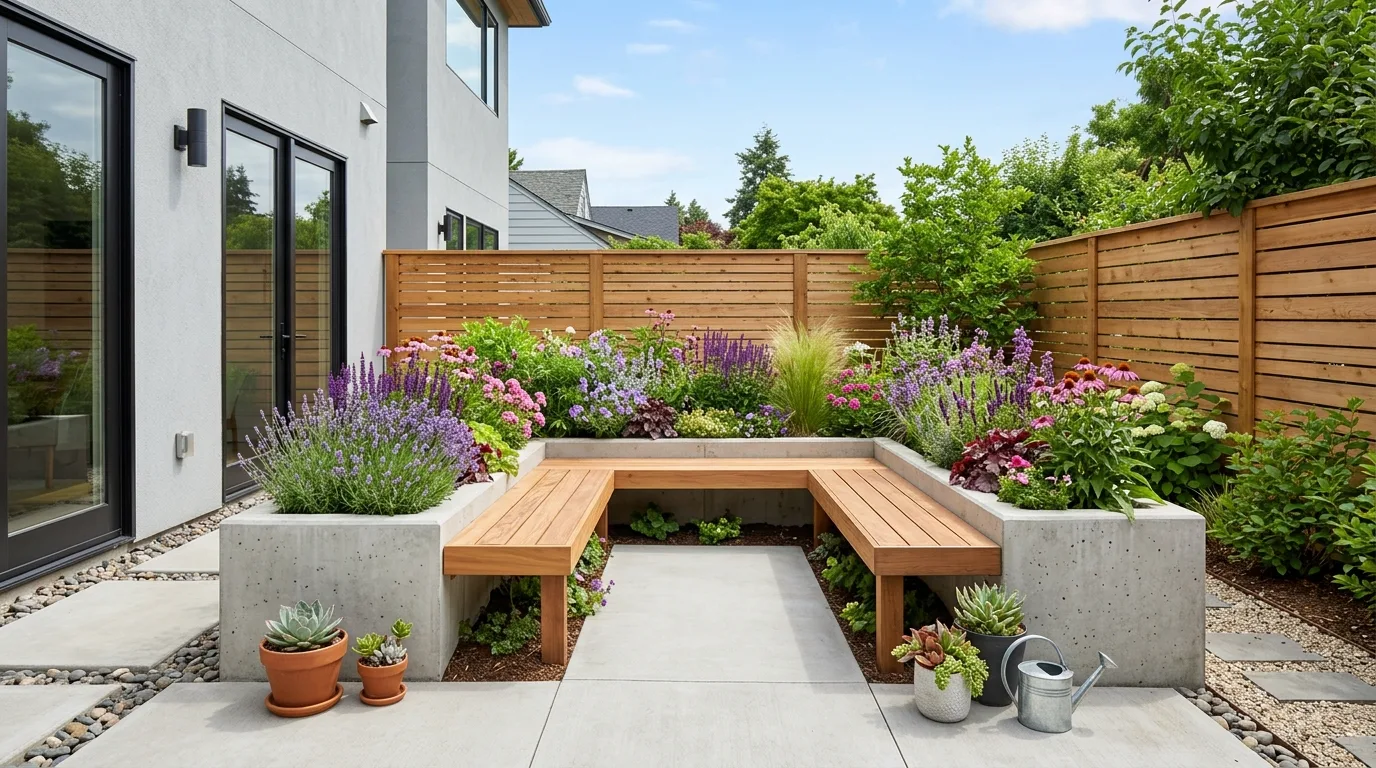 A small gate approach softened by cheerful flower planting in daylight, no people