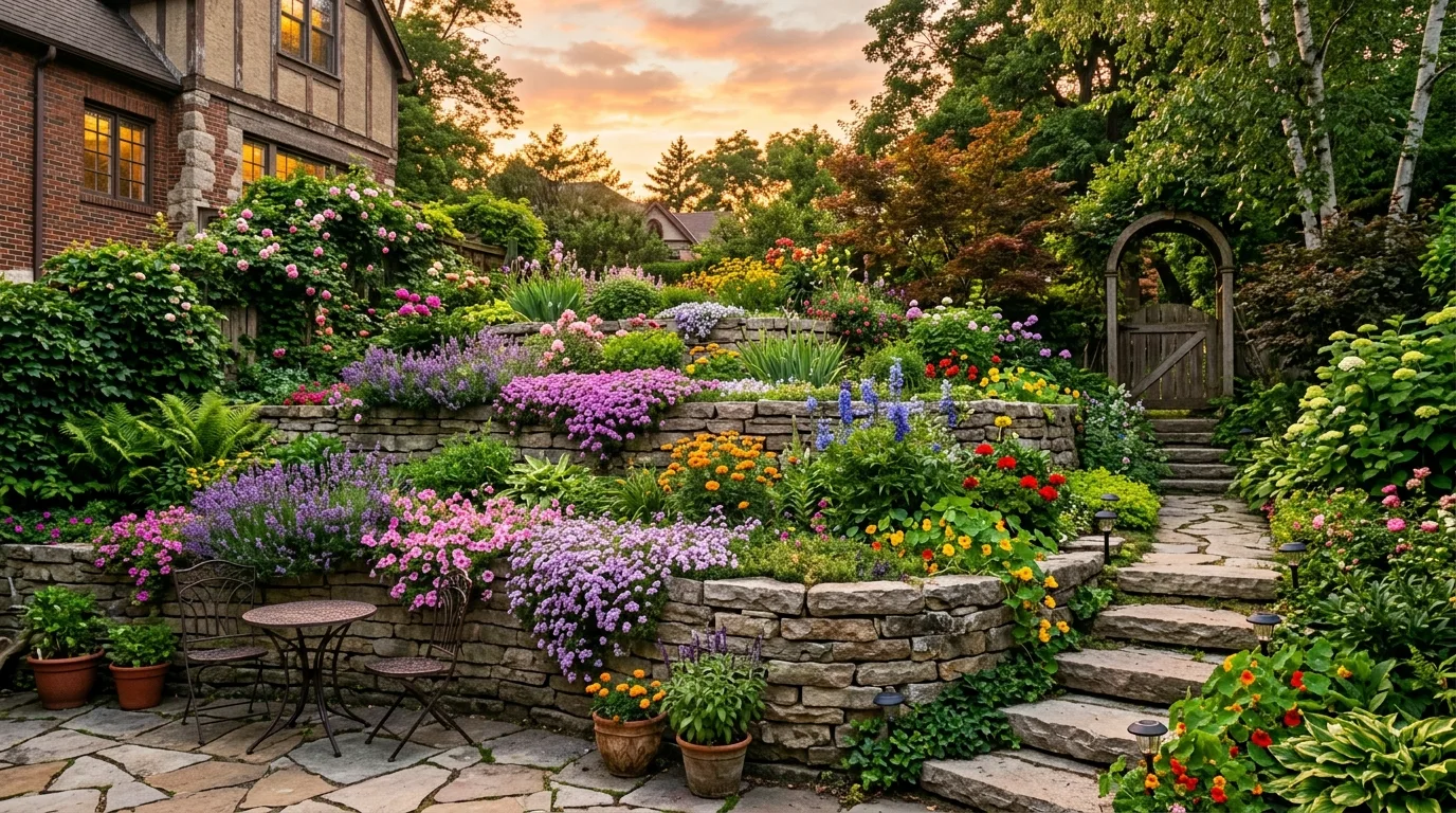 A small garden with seasonal flower containers arranged in a compact yard, no people
