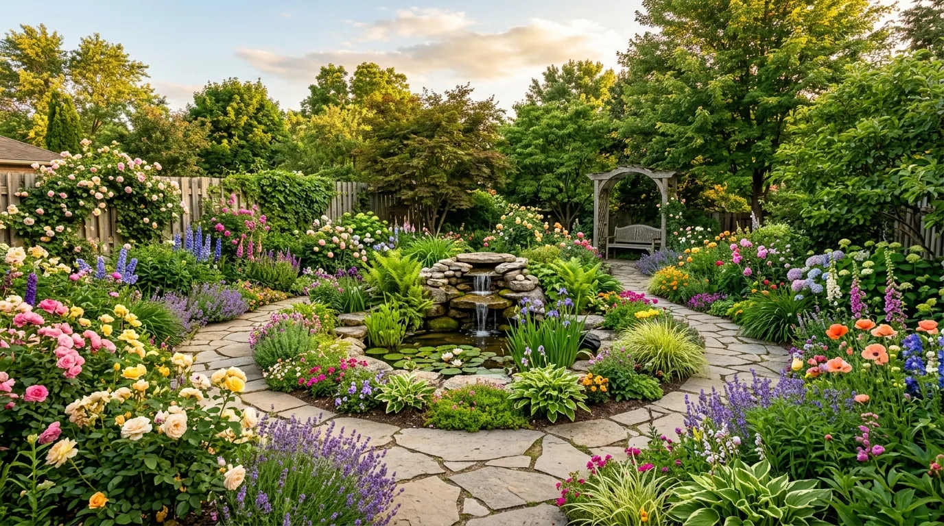 A backyard patio wrapped in lush mixed flower borders under bright natural light, no people