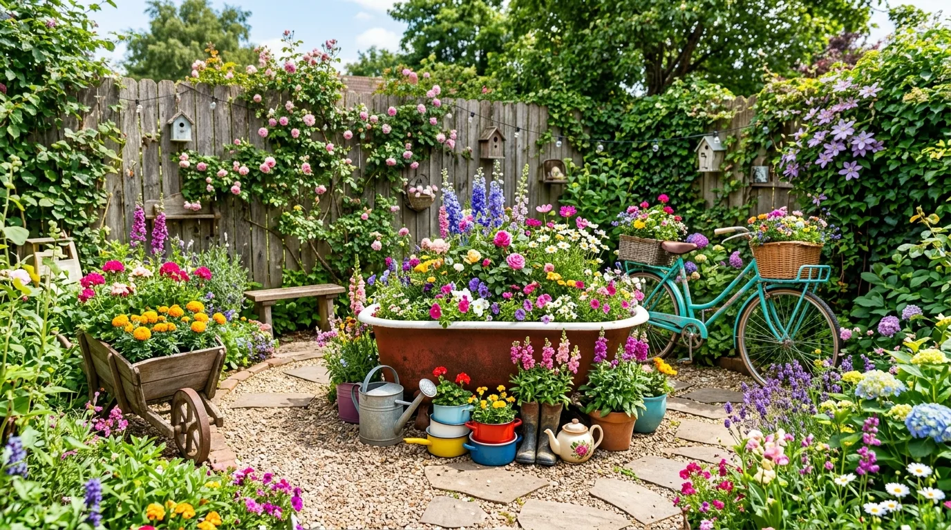 A backyard flower garden with curved paths weaving through colorful planting in daylight, no people