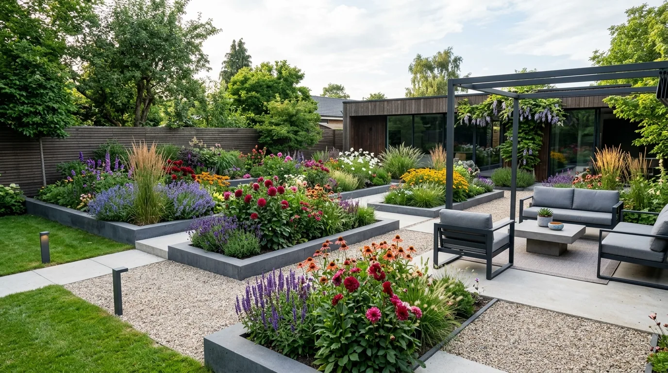 A central backyard lawn framed by deep flowering borders in bright sunshine, no people