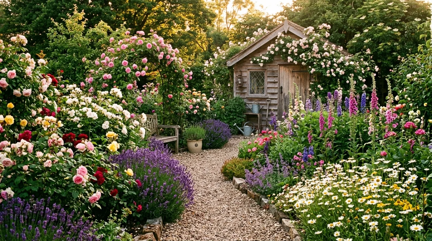 A backyard pergola softened with climbing flowers and layered planting in warm daylight, no people