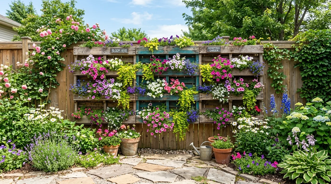 A lively backyard pollinator garden filled with flowering plants and movement in sunshine, no people